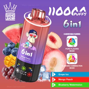 Promotional image of a metallic purple disposable vape labeled '6in1 Mango Peach' with a cartoon ape and a crown 'Bang Leader' logo, set on a purple-pink background surrounded by peach, watermelon, mango, blueberries, grapes and ice, with text stating '11000 puffs', '6 adjustable flavors' and a flavor list including Grape Ice, Mango Peach and Blueberry Watermelon.