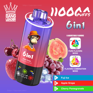 Colorful product ad showing a gradient purple-pink disposable vape device labeled 