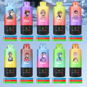 Two rows of six colorful gradient disposable vape devices labeled “6in1,” each featuring a distinct cartoon ape portrait on the upper half and flavor-name tiles with icons beneath, set against a frosty blue background.