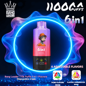 Brightly colored disposable vape device labeled “6in1” with an illustrated ape wearing a hat, centered inside a neon blue ring and surrounded by swirling pink and blue smoke, with branding ‘Bang Leader’, large text noting ‘110k puffs’, and icons indicating six adjustable flavors.
