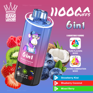 A blue-to-pink gradient Bang Leader disposable vape device labeled 6in1 with a purple cartoon ape on it, surrounded by strawberries, kiwi, raspberries, blueberries and a halved coconut, with prominent text reading 11000 puffs and flavor labels showing Strawberry Kiwi, Blueberry Coconut and Mixed Berry alongside icons for six adjustable flavor modes.