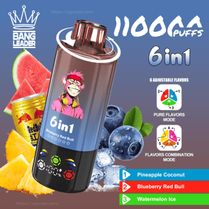 Sleek metallic 6-in-1 disposable vape device branded with a cartoon monkey and '6in1 Blueberry Red Bull' label, shown with blueberries, pineapple and watermelon slices, a Red Bull can and ice, and text highlighting 11,000 puffs, flavor modes and a crown 'Bang Leader' logo.