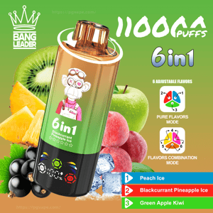 Metallic gradient disposable vape device labeled “6in1” with a cartoon monkey logo, shown with kiwi, pineapple, green apple, peach, blackcurrants and ice cubes and promotional text reading “11000 puffs” and flavor names.