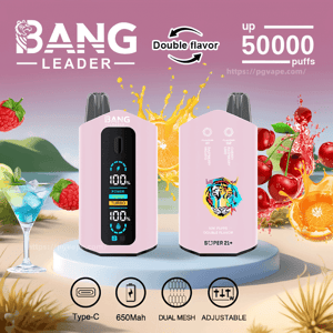 Two pink Bang Leader disposable vape devices—the front unit showing a vertical digital OLED power display and the rear unit featuring a colorful tiger logo—set on a pedestal against a pink background with splashing oranges, cherries and raspberries, 'Double flavor' arrows, 'up 50000 puffs' text, and icons for Type‑C, 650mAh, dual mesh and adjustable.