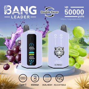 Two lavender Bang Leader disposable vape devices—one showing a digital display with battery and power modes, the other featuring a white tiger logo—on a pedestal surrounded by purple and green grapes and juice splashes, with 'Double flavor' and 'up 50000 puffs' text and small icons for Type‑C, 650mAh, dual mesh and adjustable.