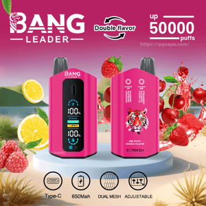 Two bright pink Bang Leader disposable vape devices — one showing a digital front display and the other a tiger logo on the back — surrounded by splashing fruits (lemon, raspberry, strawberry, cherry) with text advertising double flavor and up to 50,000 puffs and icons for Type‑C, 650mAh, dual mesh and adjustable.