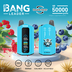 Two turquoise Bang Leader vape devices—one showing a digital front display with battery and “Turbo” indicators and the other featuring a tiger graphic—set against a blue background with raspberries and blueberries, advertising double flavor and up to 50,000 puffs with icons for Type-C, 650mAh, dual mesh and adjustable.