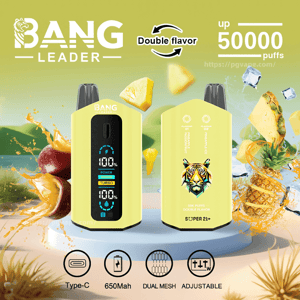 Two yellow Bang Leader vape devices—front unit with a digital display showing battery and turbo indicators, rear unit with a colorful tiger logo—set against splashing pineapple, fruit and ice, with text highlighting Double flavor, up to 50,000 puffs and icons for Type-C, 650mAh, dual mesh and adjustable.