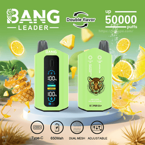 Green Bang Leader disposable vape device shown front and back on a green background with a digital display and tiger logo, surrounded by pineapple and lemon slices and text calling out Double flavor, up 50,000 puffs, and icons for Type-C, 650mAh, dual mesh and adjustable.