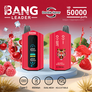 Two red Bang Leader vape devices shown front and back—one with a digital display, the other with a tiger logo—set amid splashing strawberries, cherries and raspberries with text advertising double flavor and up to 50,000 puffs and icons for Type-C, 650mAh, dual mesh and adjustable.