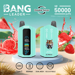 Promotional image showing two mint-green Bang Leader disposable vape devices (front with a digital display and back with a tiger logo), surrounded by splashing watermelon and strawberries and advertising double flavor and up to 50,000 puffs, with icons for Type-C, 650mAh, dual mesh and adjustable.