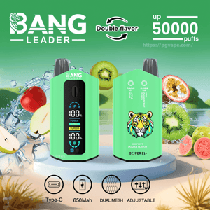 Two mint-green Bang Leader disposable vape devices — the front device shows a digital battery and power display while the back device has a colorful tiger logo and '50K puffs double flavor' text — displayed on a platform with sliced kiwi, apple, passionfruit and splashing ice and overlay text 'Double flavor' and 'up 50000 puffs' plus small icons for Type-C, 650mAh, dual mesh and adjustable.