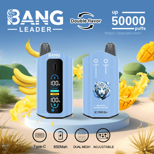 Blue Bang Leader vape device shown front and back with a digital display and tiger logo, advertised as double-flavor banana and mango, up to 50,000 puffs, Type‑C rechargeable 650mAh battery, dual mesh and adjustable settings, set against a tropical background with bananas and mangoes, and icons for features at the bottom.
