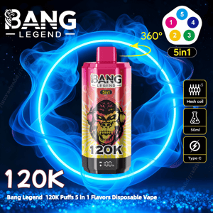 Pink and yellow Bang Legend disposable vape device with snarling gorilla artwork and a prominent '120K' label centered inside a glowing blue 360° ring, surrounded by icons showing 5‑in‑1 flavors, mesh coil, 50 ml capacity, and Type‑C charging, with the Bang Legend logo at top left.