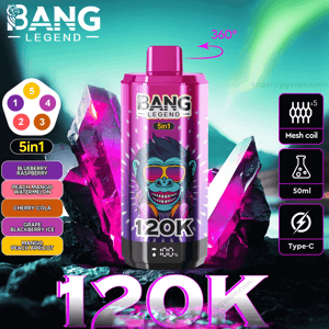 Bright magenta Bang Legend disposable vape with a neon cartoon monkey, labeled 120K and 5in1, set against glowing purple crystals with a sidebar listing five flavors and icons for mesh coils, 50ml capacity, Type‑C and a 360° arrow.