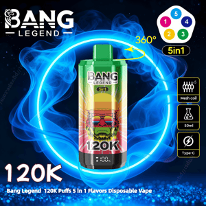 Green Bang Legend 120K disposable vape with a colorful bearded-man label and 120K puff display, centered inside a glowing blue smoke ring with icons showing 5-in-1 flavors, mesh coil, 50 ml capacity and Type-C charging.