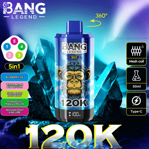 Blue Bang Legend 120K disposable vape device with gorilla graphic, labeled 5in1 and 120K, shown with a flavor list (Blueberry Ice, Watermelon Bubble Gum, Sour Apple Raspberry, Asparagus Mango Melon, Passion Fruit Kiwi Lime) and icons for mesh coil, 50ml capacity and Type‑C charging against an icy blue crystal background.
