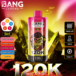 Bright pink Bang Legend 120K vape device with a snarling gorilla logo and 5-in-1 badge centered on a yellow-pink crystalline background, flanked by a panel listing five flavors (Watermelon Ice, Strawberry Mango, California Cherry, Blueberry Peach Ice, Berry Ice) and icons for mesh coil x5, 50ml capacity, Type-C charging and a 360° rotation arrow.