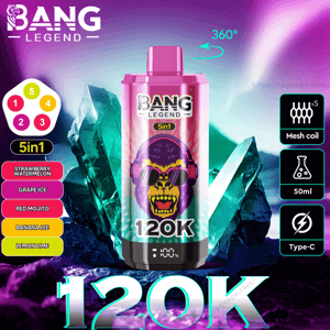 Vibrant promotional poster of a pink BANG LEGEND 5‑in‑1 vape device with a purple monkey wearing sunglasses and a bold “120K” label, set before teal crystal formations on a purple background, with a left column listing five flavors (Strawberry Watermelon, Grape Ice, Red Mojito, Banana Ice, Lemon Lime) and right-side icons for mesh coils, 50ml capacity, Type‑C charging, and a 360° symbol.