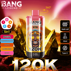 Colorful pink-and-gold Bang Legend 5-in-1 vape canister with prominent 120K label, surrounded by flavor buttons (Strawberry Watermelon, Cantaloupe Apple, Cola Ice, Mango Peach, Love 66) and icons denoting mesh coils, 50ml capacity and Type-C charging, set against a glowing golden crystal background.