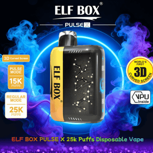 ELF BOX Pulse X disposable vape with a yellow side panel labeled ELF BOX and a glossy black 3D curved screen showing constellation-like lights, centered against swirling blue and purple smoke with badges advertising Pulse Mode 15K puffs, Regular Mode 25K puffs and a World's First 3D Curved Screen.