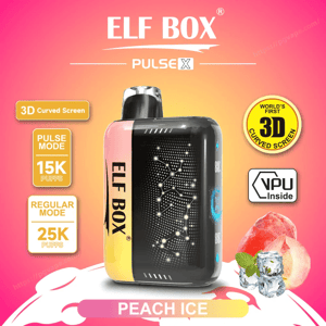Compact ELF BOX Pulse X vape device with a black constellation-patterned front and pink-to-yellow side labeled ELF BOX, shown on a pink-orange gradient ad background with badges for '3D Curved Screen', 'Pulse Mode 15K Puffs', 'Regular Mode 25K Puffs' and 'VPU Inside', plus a peach and ice-cube graphic and a 'Peach Ice' flavor label.