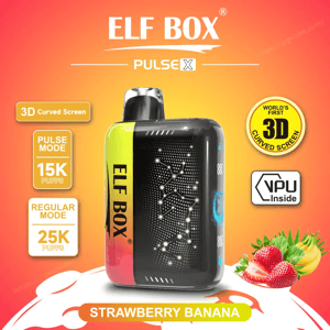 ELF BOX Pulse X compact rectangular vape device with an illuminated dotted front and a yellow-to-pink side labeled 'ELF BOX', shown on an orange gradient background with icons for 3D curved screen, Pulse mode 15K/Regular mode 25K puffs, a VPU badge, and strawberries and a banana indicating strawberry banana flavor.