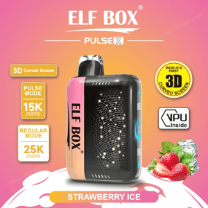 Promotional image of a pink-and-black ELF BOX Pulse X disposable vape with a dotted 3D curved screen labeled Strawberry Ice, surrounded by icons for 3D Curved Screen, Pulse Mode 15K puffs, Regular Mode 25K puffs, VPU Inside, and strawberries with ice on a pink gradient background.