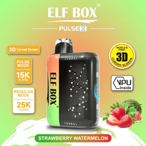 ELF BOX Pulse X disposable vape displayed on a green-orange gradient background, showing a compact orange-to-green device with a black front dotted with constellation-like LEDs and a silver mouthpiece, labeled ELF BOX and 'Strawberry Watermelon' with badges for 3D curved screen, Pulse Mode 15K puffs, Regular Mode 25K puffs, VPU Inside, and images of strawberries and watermelon slices.