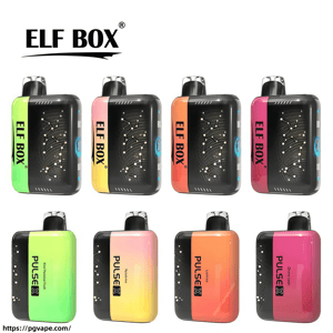 ELF BOX logo at top left above eight compact rectangular Pulse X vape devices in neon green, gradient yellow‑pink, orange and magenta arranged in two rows, each showing a black front panel with a constellation‑like LED pattern, side branding and a top mouthpiece.