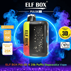 ELF BOX Pulse X disposable vape device centered with a black front panel showing constellation-like LED dots and a yellow-to-red side panel, set against neon blue and purple vapor and branded with badges reading Pulse Mode 15K puffs, Regular Mode 25K puffs, and World's First 3D Curved Screen.