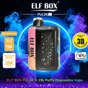 Advertisement showing an ELF BOX Pulse X disposable vape with a pink-to-gold side and black front panel with constellation-style LED dots, set against swirling blue and purple smoke and labels highlighting Pulse mode 15K puffs, Regular mode 25K puffs, and a 'World's First 3D Curved Screen' feature.