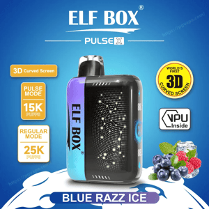 Compact ELF BOX Pulse X disposable vape device in blue-to-purple gradient with a black LED-patterned front labeled ELF BOX, surrounded by badges advertising a 3D curved screen, VPU inside, Pulse mode 15K puffs and Regular mode 25K puffs, plus blueberries, raspberries and ice with the flavor name BLUE RAZZ ICE on a blue background.