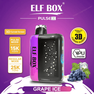 Purple product ad showing an ELF BOX Pulse X grape ice disposable vape with a pink-and-black curved-screen device featuring constellation-style lights, a cluster of grapes with ice, and callouts for 3D curved screen, VPU inside, Pulse mode 15K puffs and Regular mode 25K puffs