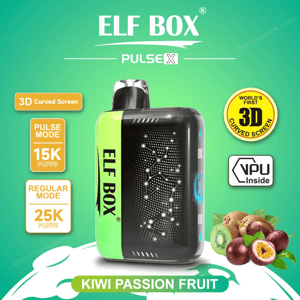 Promotional image of an ELF BOX Pulse X vape: green-and-black rectangular device with a curved illuminated dot-pattern screen and mouthpiece on a teal background, flanked by badges reading “3D Curved Screen,” “Pulse Mode 15K Puffs,” “Regular Mode 25K Puffs” and “VPU Inside,” with kiwi and passionfruit fruit and the label “Kiwi Passion Fruit”.