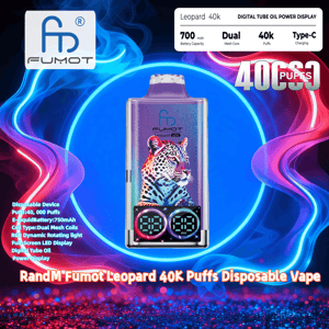Colorful advertisement showing a Fumot Leopard 40K disposable vape with a vivid leopard illustration and dual circular LED displays, set against swirling blue and pink smoke and signage noting 40,000 puffs, a 700 mAh battery, dual mesh coils and Type‑C charging.