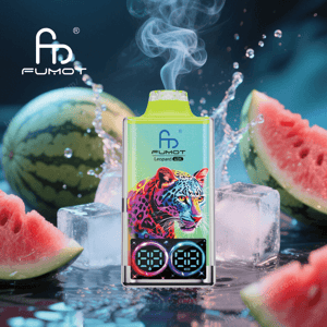 A colorful FUMOT Leopard disposable vape featuring a neon-painted leopard illustration and twin digital puff-count displays emits vapor while resting among ice cubes and sliced watermelon.