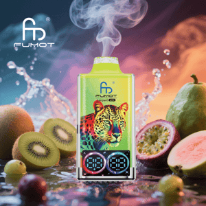 Bright neon-green FUMOT Leopard 40K disposable vape device featuring a multicolored leopard graphic and dual circular digital displays emitting vapor, set among sliced kiwi, passionfruit and guava with splashing water and a colorful smoky background