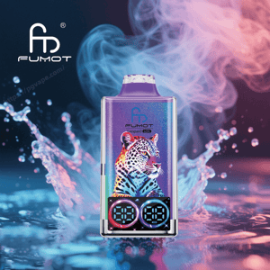 Colorful FUMOT Leopard 40K disposable vape with a purple mouthpiece and vibrant leopard graphic, dual circular digital display at the base, set against swirling pink-blue smoke and water splash background.