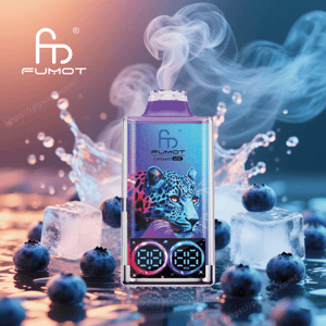A purple-blue FUMOT Leopard 40K vape device featuring a neon leopard illustration and dual digital displays emits swirling vapor amid blueberries, ice cubes and splashing water.
