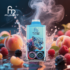 Metallic blue Fumot Leopard 40K vape device featuring colorful leopard artwork and two circular digital displays, emitting a plume of vapor while resting on a reflective surface amid splashing water and assorted fruits like peaches, raspberries and blackberries.