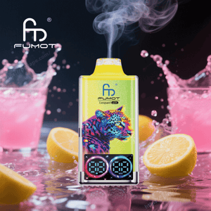 Compact yellow-topped FUMOT Leopard vaping device with a colorful pop-art leopard illustration and dual circular LED displays, emitting a plume of vapor while sitting among lemon halves and splashing pink drinks.
