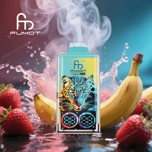 FUMOT Leopard disposable vape device with a vivid leopard illustration and twin digital counters, surrounded by steaming smoke, splashing water, strawberries and bananas.