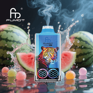 Blue FUMOT Leopard 4NK vape device with vibrant leopard artwork and dual digital displays emitting vapor in front of splashing sliced watermelons and colorful round candy-like balls.