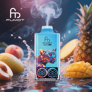 Bright blue Fumot Leopard disposable vape featuring colorful leopard artwork and dual circular digital displays, releasing vapor amid splashing water and tropical fruits (peach, mango, pineapple) with the FUMOT logo in the corner.