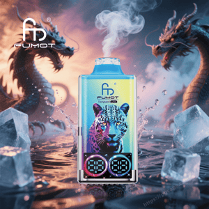 A colorful Fumot Leopard 4K vape device with a neon leopard face and digital gauges, emitting vapor as it sits on a reflective watery surface surrounded by ice chunks, with two stylized dragons looming in the smoky, fiery background.