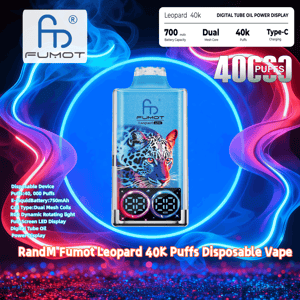 Dispositivo di vaporizzazione usa e getta Blue Fumot Leopard 40K centrato su uno sfondo di fumo vorticoso blu neon e rosa, caratterizzato da un'illustrazione stilizzata di un leopardo, due letture digitali circolari e un testo che indica 40.000 sbuffi, batteria da 700 mAh, bobine a doppia rete e ricarica di tipo C.