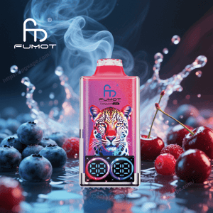 Pink FUMOT Leopard 4ink vape device featuring a vibrant leopard illustration and two circular digital displays, emitting vapor amid splashing water and scattered blueberries and cherries on a dark bokeh background.
