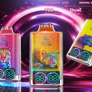 Three glitter-finish rectangular vape devices with colorful neon leopard artwork and twin circular LED power-readout displays set against a swirling pink and purple futuristic background.