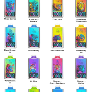 Product sheet showing 16 colorful FUMOT Leopard 40k disposable vape devices with neon leopard artwork and flavor labels arranged in a four-by-four grid, with a header listing specs: 700 mAh battery capacity, dual mesh core, 40k puffs and Type-C charging.